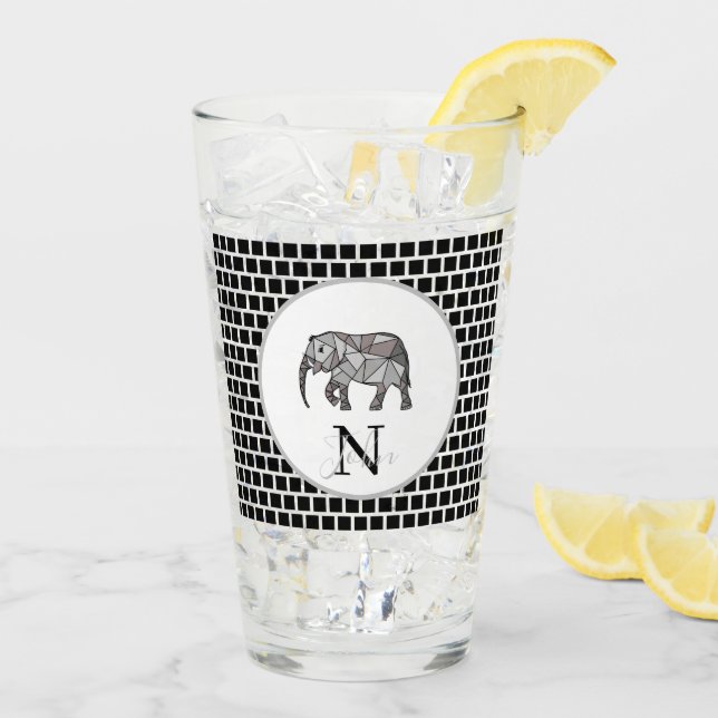 Monogram Cute Graphics Elephant Personalised Black Glass (Back Ice)