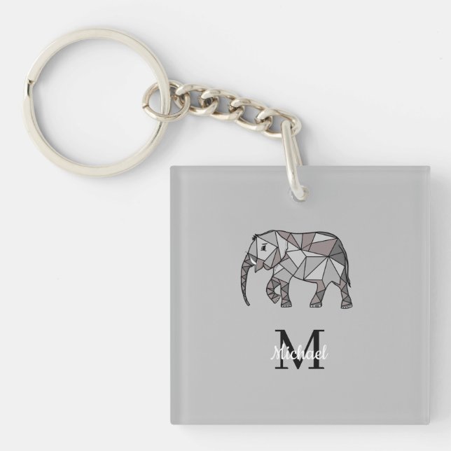 Monogram Cute Graphics Elephant Personalised Black Key Ring (Front)