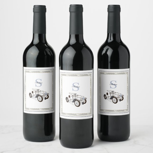 Monogram Cute Graphics Personalised Black Car Wine Label (Bottles)