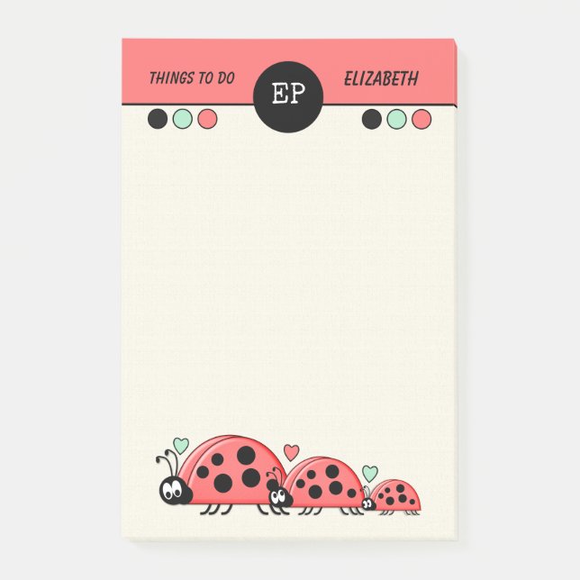 Monogram cute ladybirds with a name things to do post-it notes (Front)