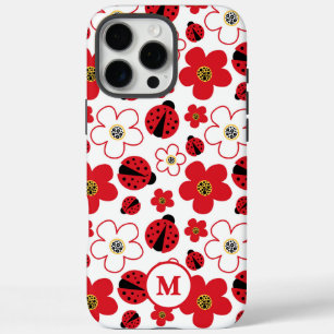 Monogram Cute Ladybug Red White Flower Pattern iPhone 16 Pro Max Case