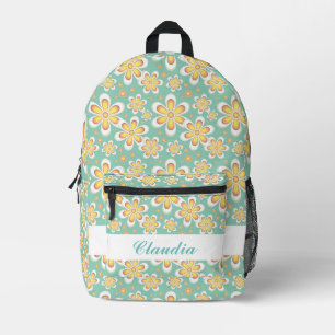 Monogram cute orange flowers on green printed backpack