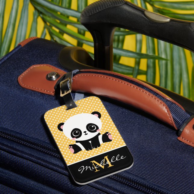 Monogram Cute Panda Bear Personalised Polka Dot Luggage Tag (Front Insitu 1)