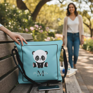 Monogram Cute Panda Blue Personalised Name Crossbody Bag