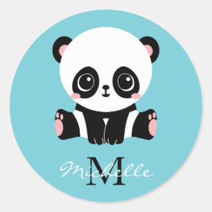 Monogram Cute Panda Personalised Bubble Gum Blue Classic Round Sticker
