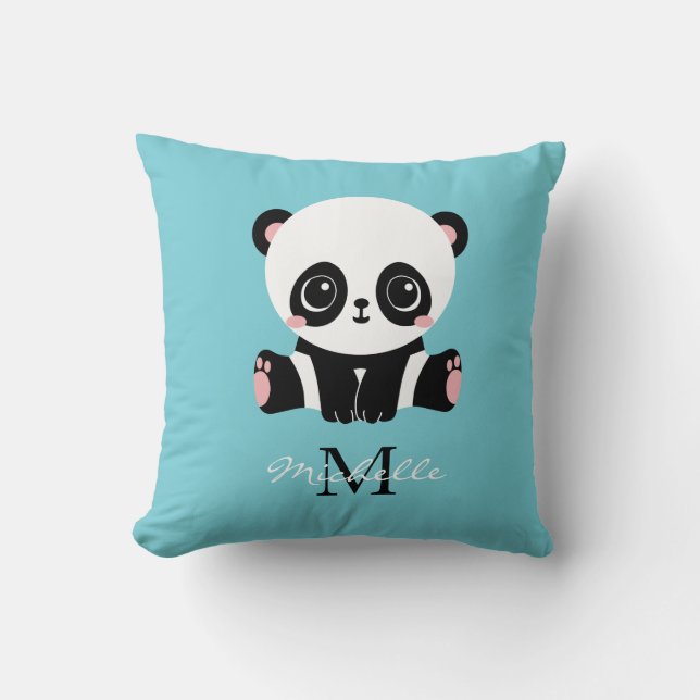 Monogram Cute Panda Personalised Bubble Gum Blue Cushion (Front)