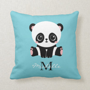 Monogram Cute Panda Personalised Bubble Gum Blue Cushion