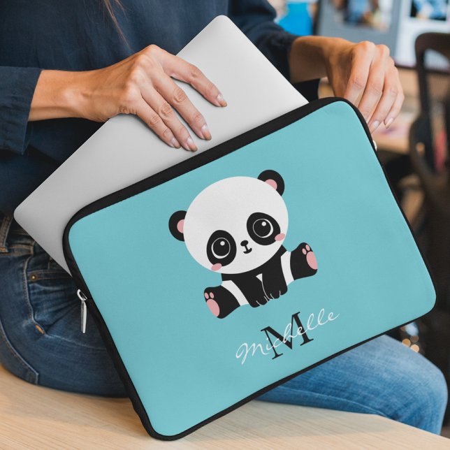 Monogram Cute Panda Personalised Bubble Gum Blue Laptop Sleeve (Creator Uploaded)