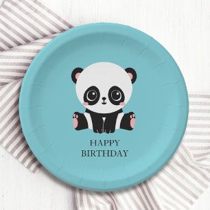 Monogram Cute Panda Personalised Bubble Gum Blue Paper Plate