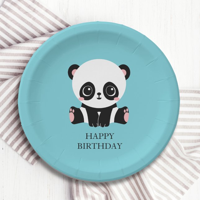Monogram Cute Panda Personalised Bubble Gum Blue Paper Plate (Creator Uploaded)