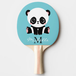 Monogram Cute Panda Personalised Bubble Gum Blue Ping Pong Paddle