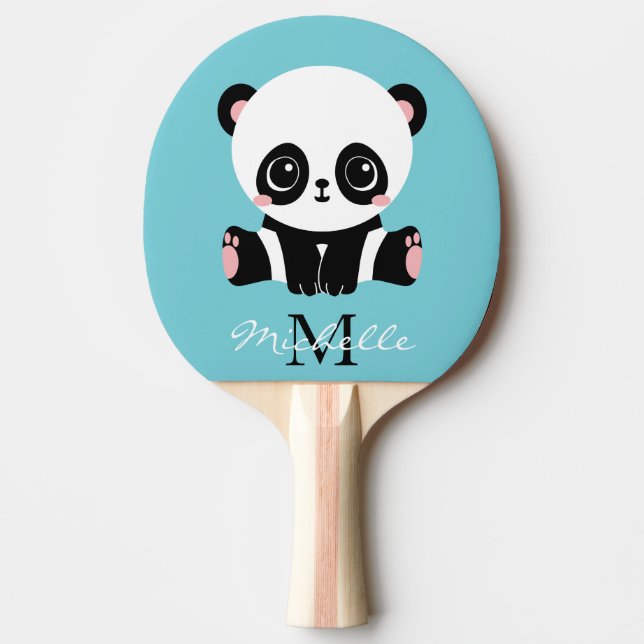 Monogram Cute Panda Personalised Bubble Gum Blue Ping Pong Paddle (Front)