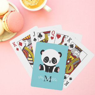 Monogram Cute Panda Personalised Bubble Gum Blue Playing Cards