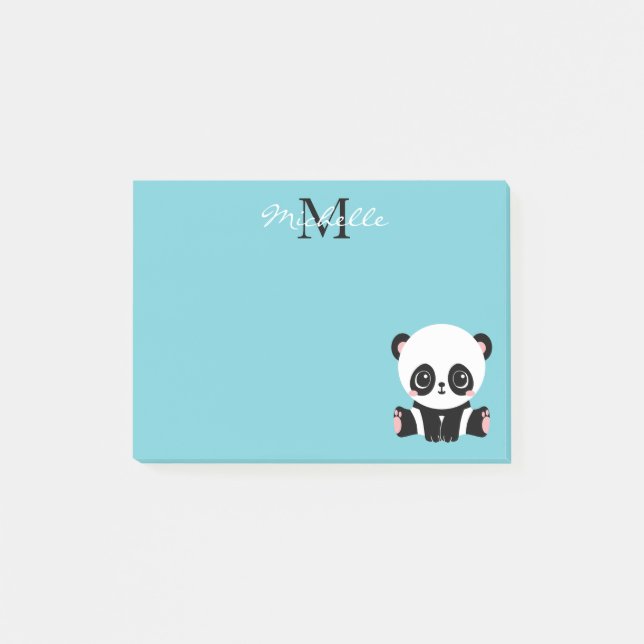 Monogram Cute Panda Personalised Bubble Gum Blue Post-it Notes (Front)