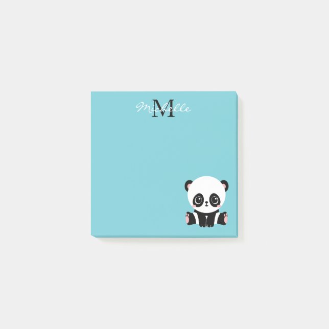 Monogram Cute Panda Personalised Bubble Gum Blue Post-it Notes (Front)