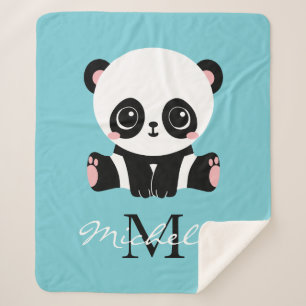 Monogram Cute Panda Personalised Bubble Gum Blue Sherpa Blanket
