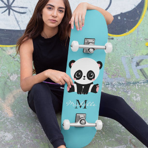 Monogram Cute Panda Personalised Bubble Gum Blue Skateboard