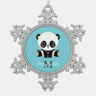 Monogram Cute Panda Personalised Bubble Gum Blue Snowflake Pewter Christmas Ornament