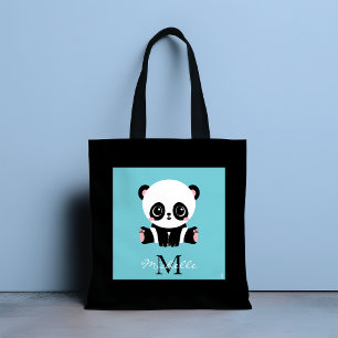 Monogram Cute Panda Personalised Bubble Gum Blue Tote Bag