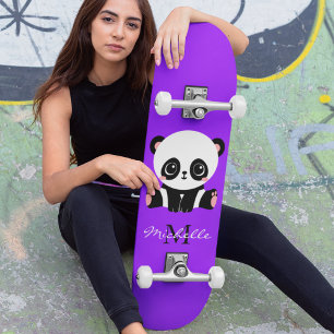 Monogram Cute Panda Personalised Purple Skateboard