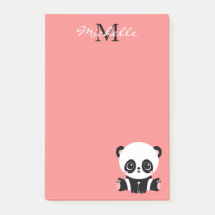 Monogram Cute Panda Pink Personalised Name Post-it Notes
