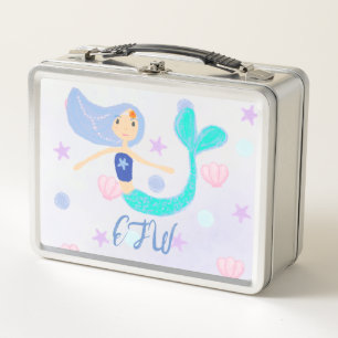 Monogram Cute Pastel Periwinkle Mermaid Princess Metal Lunch Box