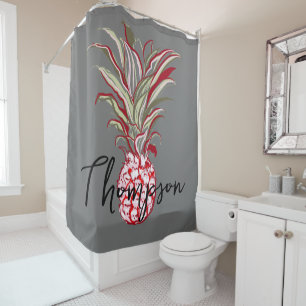 Monogram cute pineapple modern script grey shower curtain