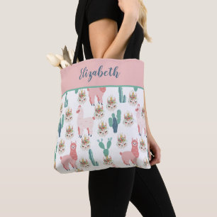 Monogram Cute Pink Llama's Green Cactus Tote Bag