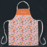 Monogram | Cute Retro Floral Pattern Apron<br><div class="desc">This mid-century modern pattern features pink and orange flowers.</div>