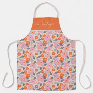 Monogram | Cute Retro Floral Pattern Apron
