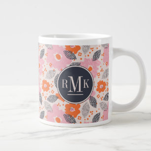 Monogram   Cute Retro Floral Pattern Large Coffee Mug