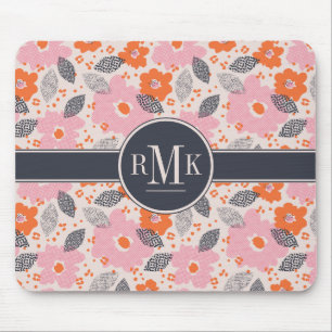 Monogram Cute Retro Floral Pattern Mouse Pad