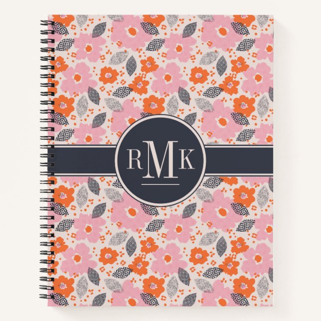 Monogram | Cute Retro Floral Pattern Notebook (Front)