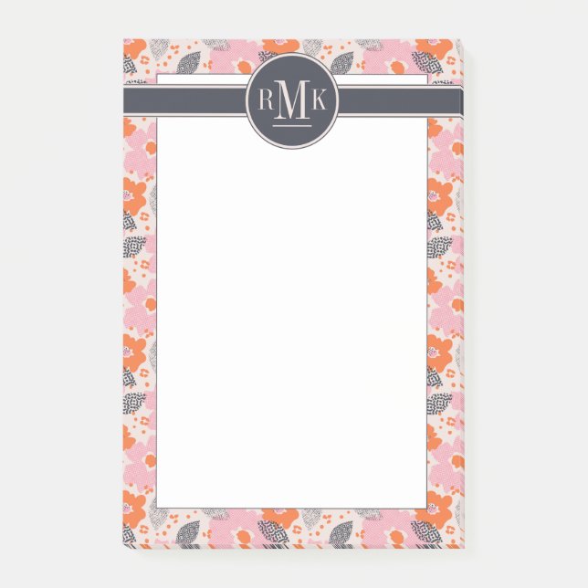 Monogram | Cute Retro Floral Pattern Post-it Notes (Front)