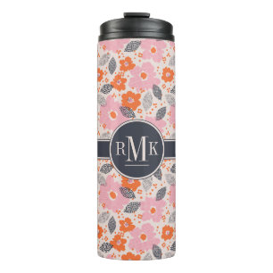 Monogram   Cute Retro Floral Pattern Thermal Tumbler