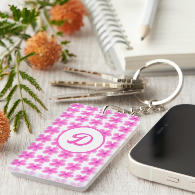 monogram cute retro pink floral initial custom key ring (Front Right)