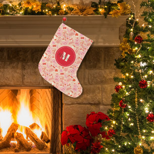 Monogram Cute Retro Style Christmas Pattern Large Christmas Stocking