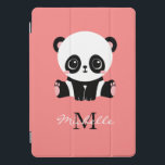 Monogram Cute Sitting Panda Personalised iPad Pro Cover<br><div class="desc">A cute panda bear sitting on the floor on a salmon background. Personalise with your monogram and name or delete text in text boxes for no name.</div>