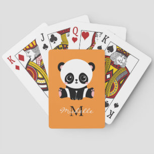 Monogram Cute Sitting Panda Personalised Orange Playing Cards