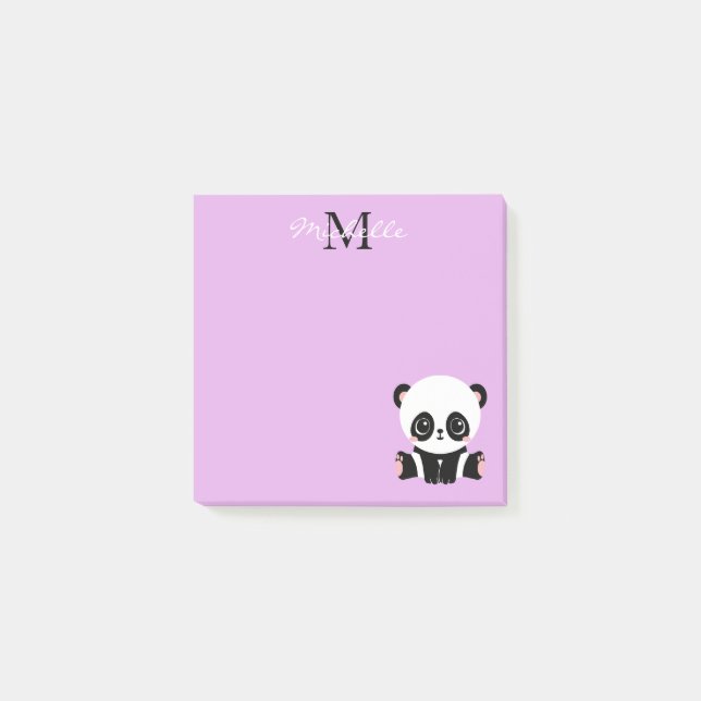 Monogram Cute Sitting Panda Personalised Purple Post-it Notes (Front)