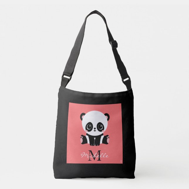 Monogram Cute Sitting Panda Personalised Salmon Crossbody Bag (Front)