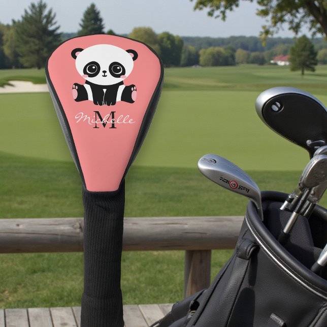 Monogram Cute Sitting Panda Personalised Salmon Golf Head Cover (Creator Uploaded)