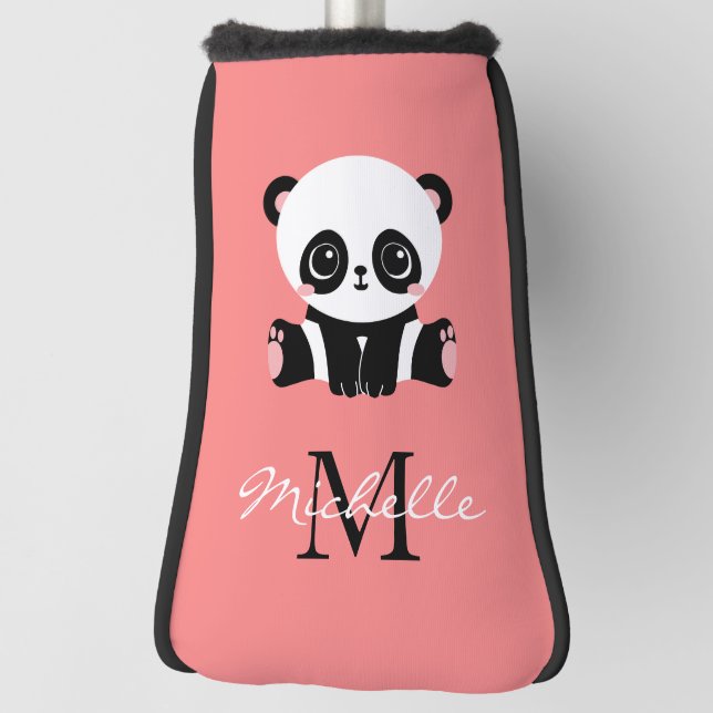 Monogram Cute Sitting Panda Personalised Salmon Golf Head Cover (Rotate 90)