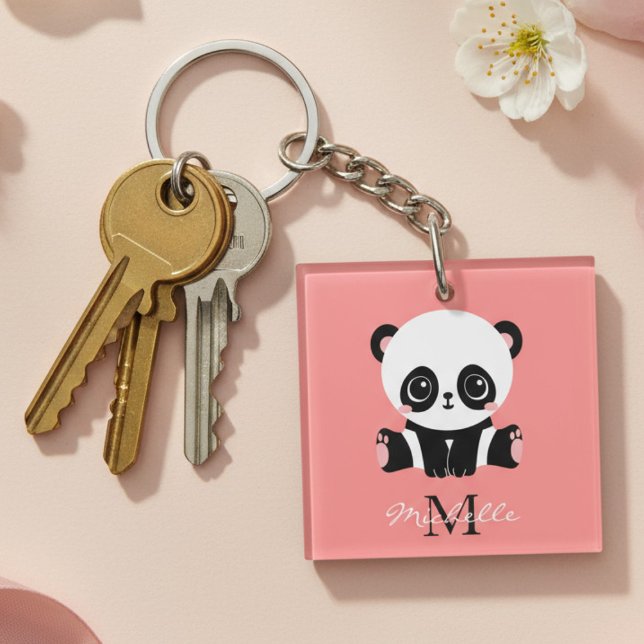 Monogram Cute Sitting Panda Personalised Salmon Key Ring (Creator Uploaded)