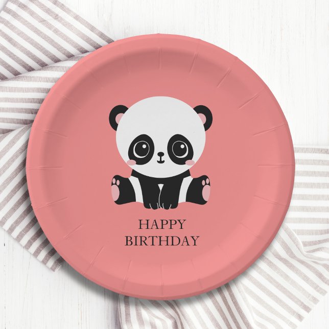 Monogram Cute Sitting Panda Personalised Salmon Paper Plate (Creator Uploaded)