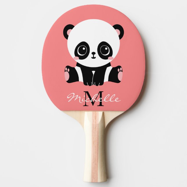 Monogram Cute Sitting Panda Personalised Salmon Ping Pong Paddle (Front)