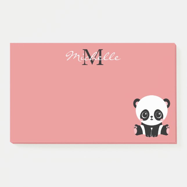 Monogram Cute Sitting Panda Personalised Salmon Post-it Notes (Front)