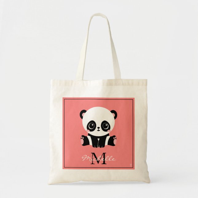 Monogram Cute Sitting Panda Personalised Salmon Tote Bag (Front)