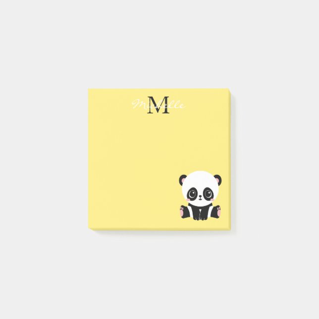 Monogram Cute Sitting Panda Personalised Yellow Post-it Notes (Front)