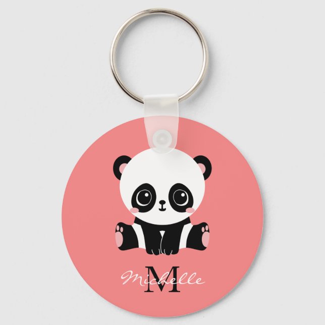 Monogram Cute Sitting Panda Personalized Salmon Key Ring (Front)